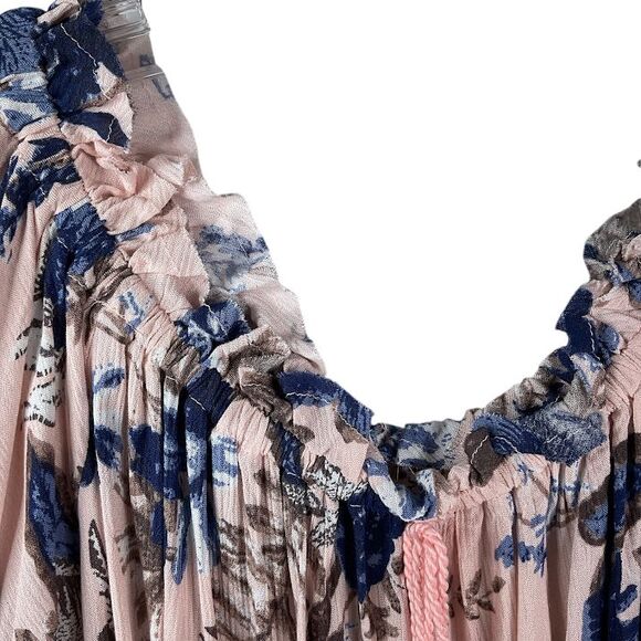 Umgee Floral Bell Flounce Sleeve Tunic Blouse Ruffle Tassel Tie Neck Boho L NWT - Picture 7 of 10